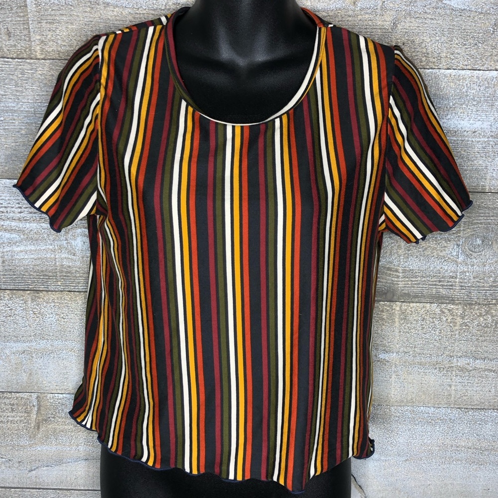 Caution to the wind striped rainbow retro t shirt ruffle bottom